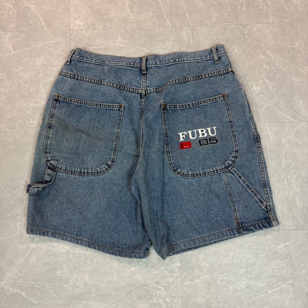 Vintage FUBU 05 Denim Carpenter Shorts Mens 38 Baggy Blue Embroidered Hip Hop